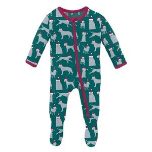 KicKee Print Footie with 2 Way Zipper in Cedar Santa Dogs